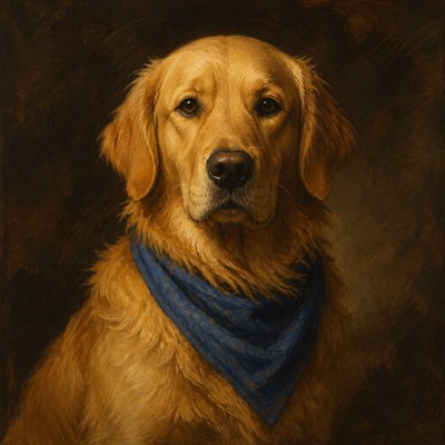 portrait of a golden retriever wearing a blue bandana, warm plain backdrop, no text