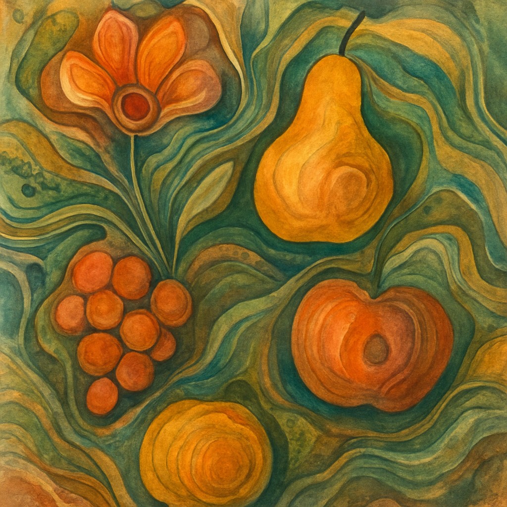 still life arrangement of fruits and flowers