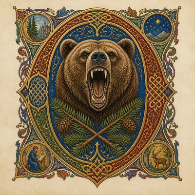 a roaring bear head above crossed pine branches, bold graphic composition on a plain background, no text