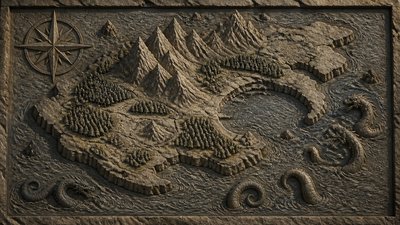 a map of an island realm with mountains, forests, a sheltered bay, sea monsters in the water and a compass rose, no text labels