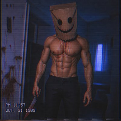 Je veux que tu me dessines un homme abdo incroyable un peu comme un slasher avec un couteau et un mask en paper bag avec un sourire creepy il a un pantalon normal Je veux aucun texte , et des couleurs, hyper froides, aucune couleur chaude à part le rouge vif peut-être du blanc et du noir c’est tout
 Et bien évidemment, je veux que la peau soit aussi avec des couleurs chaudes, genre une peau beige je veux pas que le masque soit disproportionné, je veux un masque quand même assez grand et un masque beige marron du supermarché