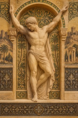 a statue of a man holding a cross on a wall