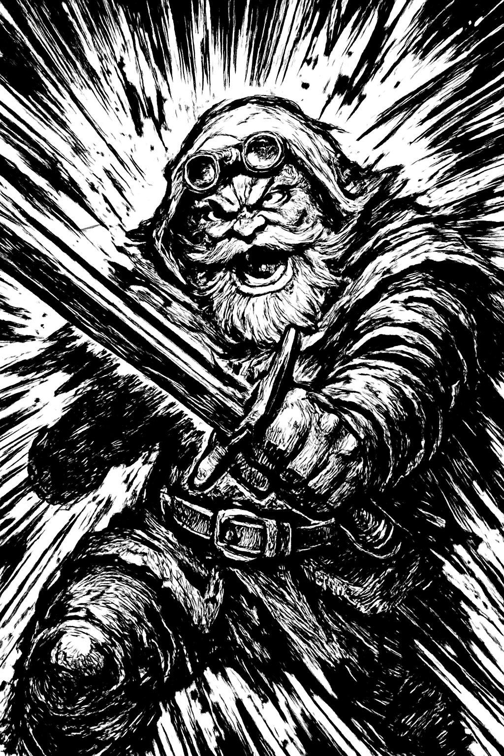 a black and white drawing of a wizard holding a sword