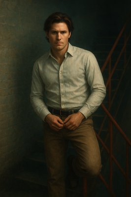 a painting of a man in a white shirt and tan pants