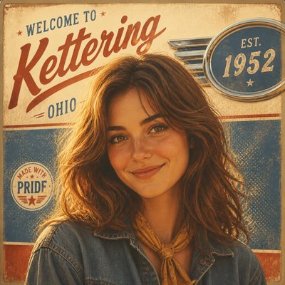 head-and-shoulders portrait of an original character: a young woman with wavy chestnut hair and a warm smile, plain soft backdrop