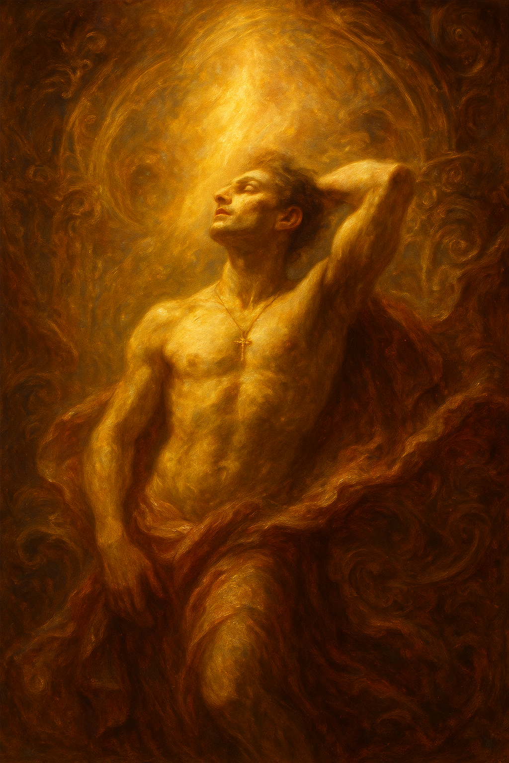 a painting of a man with his hands behind his head