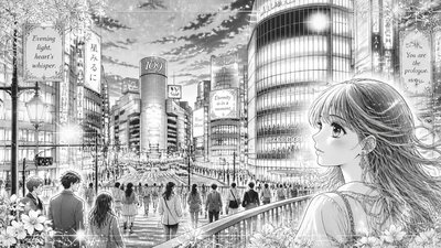 bustling city street panorama at dusk