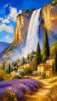towering waterfall cascading down a cliff