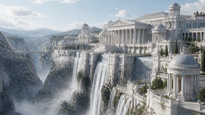 a cliffside city with waterfalls cascading into a misty canyon, wide establishing shot, no people, no text