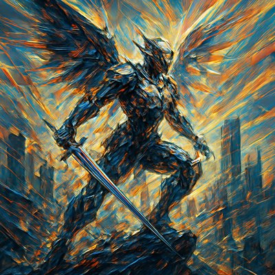 A futuristic cybernetic, dystopian, angel warrior, on a mountain top overlooking a deserted, broken city. Ultra-realistic. Extreme detail.