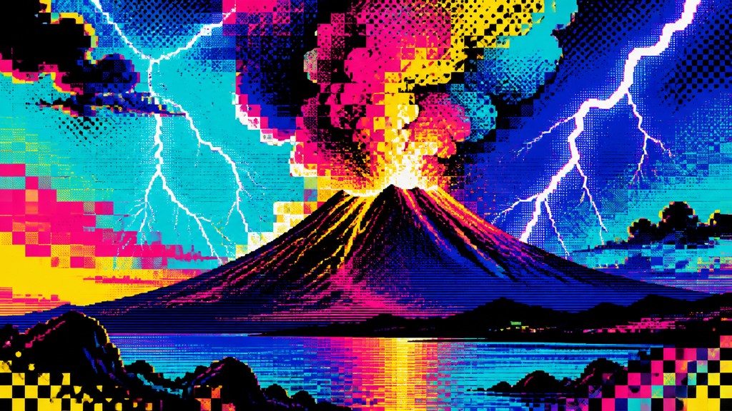 an erupting volcano with lightning strikes, dramatic wide composition, no text