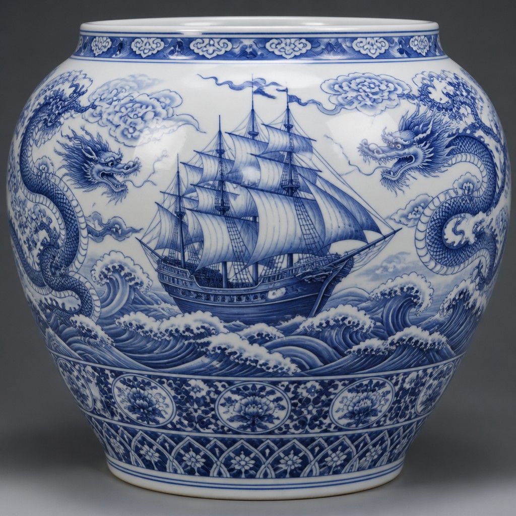 sailing ship on a stormy sea — Ming Porcelain Art Style