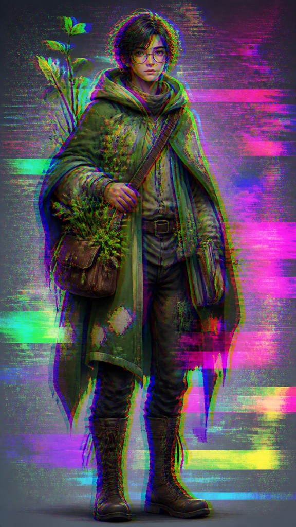 full-body original character: a wandering botanist with a satchel of plants, a patched green cloak, tall boots and round glasses, neutral background