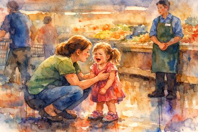 An indoor scene in a grocery store.  A mother squats down to help her little girl, who is crying and making a fuss.  Shoppers are passing by and an employee stands off to the side wearing an apron.  The lighting is focused on the little girl.  Mom is about to be embarrassed.