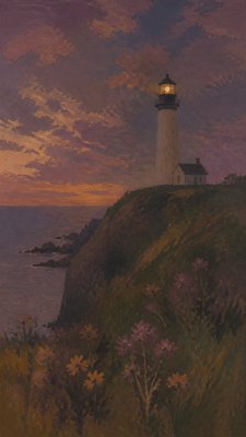 a lone lighthouse on a cliff at dusk under a dramatic sky, no text or lettering
