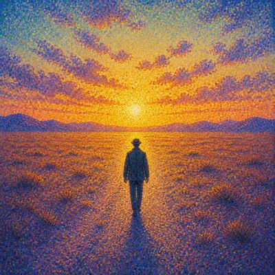 a solitary figure walking toward a glowing horizon across an empty plain, moody atmosphere, no text or lettering