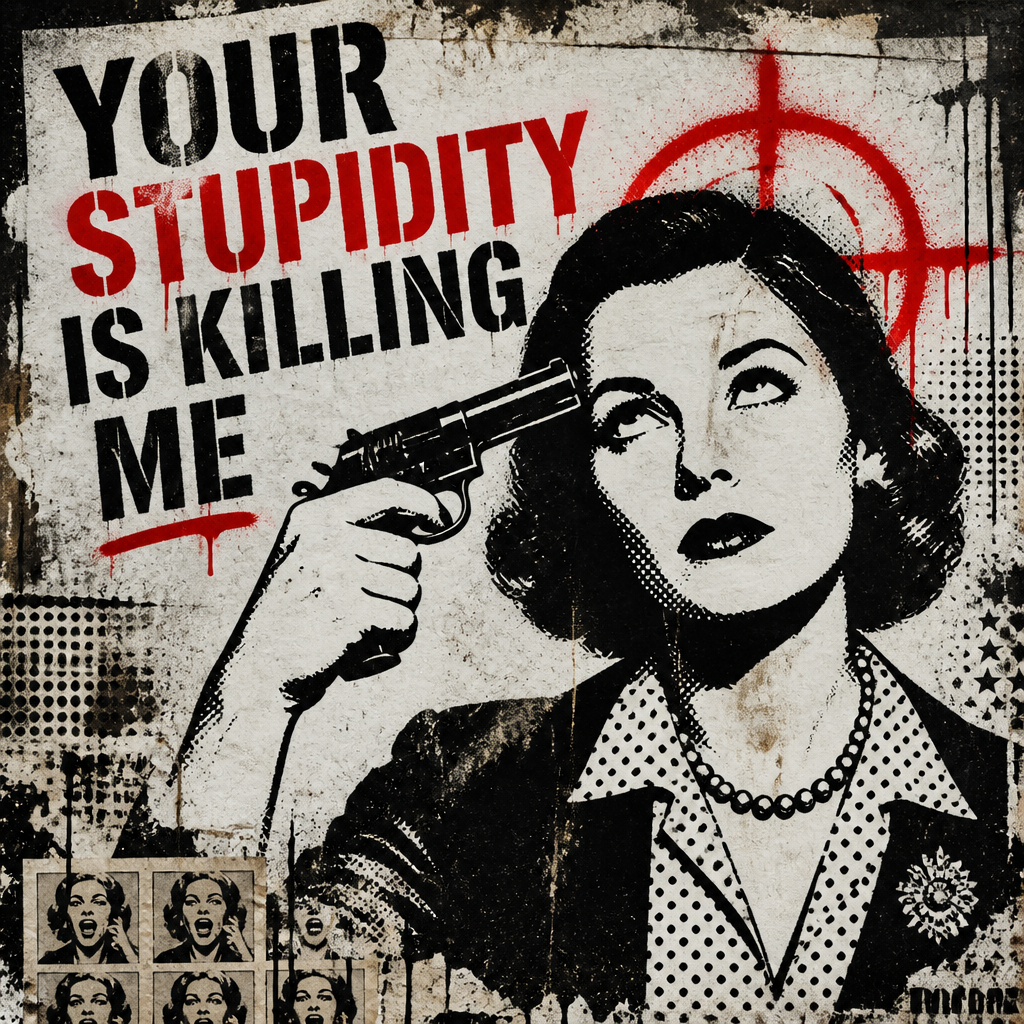 Text: YOUR STUPIDITY IS KILLING ME
Image: Mature woman making the jester of shooting herself in the head while rolling her eyes.