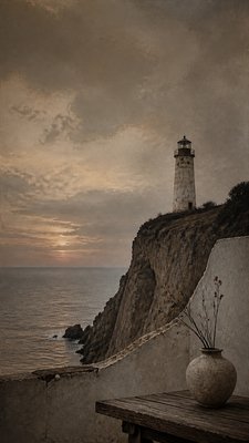 a lone lighthouse on a cliff at dusk under a dramatic sky, no text or lettering