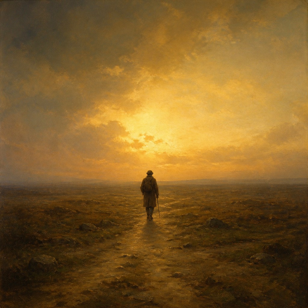 a solitary figure walking toward a glowing horizon across an empty plain, moody atmosphere, no text or lettering