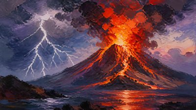 an erupting volcano with lightning strikes, dramatic wide composition, no text