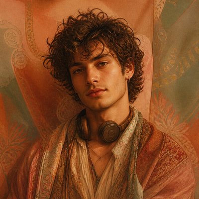 head-and-shoulders portrait of an original character: a young man with curly dark hair and headphones around his neck, plain backdrop, no text