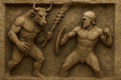 a statue of a man and a demon holding swords