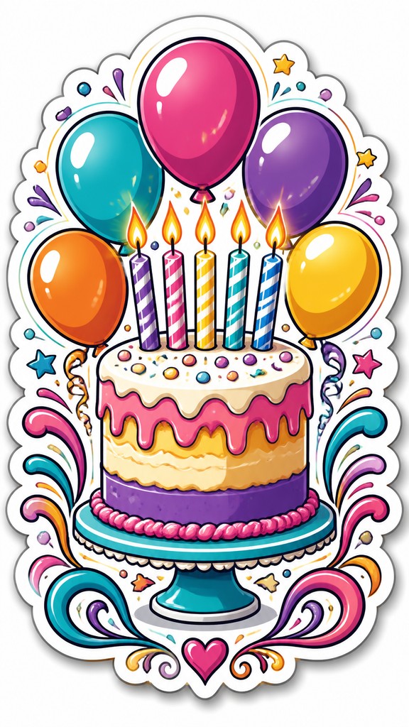 a birthday cake with lit candles surrounded by balloons and confetti, festive vertical composition, no text