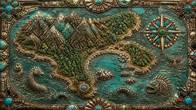 a map of an island realm with mountains, forests, a sheltered bay, sea monsters in the water and a compass rose, no text labels