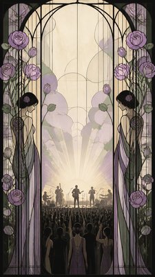 a live music scene with a glowing stage and silhouetted crowd, energetic vertical composition with open space at the top, no text