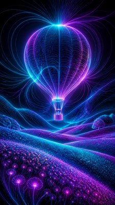 a hot air balloon drifting over rolling flower fields on a sunny day, cheerful, no text