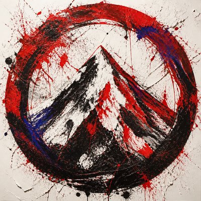 an emblem of a mountain peak inside a circle, simple bold shapes on a plain background, no text or lettering