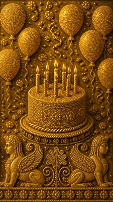 a birthday cake with lit candles surrounded by balloons and confetti, festive vertical composition, no text