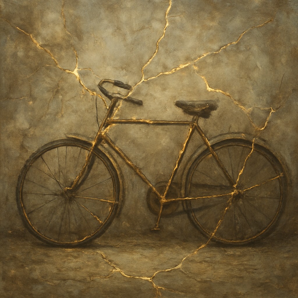 bicyle resting against a wall