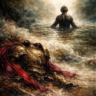 A high-contrast scene showing discarded ornate gold armor and a scarlet cape lying on the muddy riverbank. In the background, the silhouette of the man is chest-deep in the river, looking up at the sky in surrender. The water is churning and alive. Rich textures of metal vs. water vs. mud. 8k resolution, historical realism, profound storytelling, theme of humility and healing.

