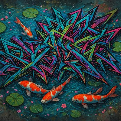 A koi pond seen from above, orange and white koi fish swimming among lily pads, clear water with subtle ripples, fallen cherry blossom petals floating on the surface, dappled sunlight