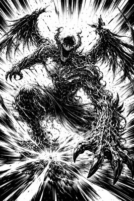 a black and white drawing of a demon