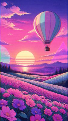 a hot air balloon drifting over rolling flower fields on a sunny day, cheerful, no text