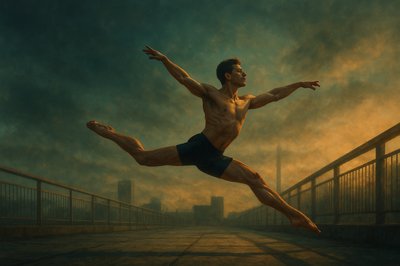 a painting of a man leaping in the air