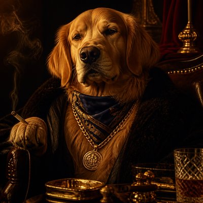portrait of a golden retriever wearing a blue bandana, warm plain backdrop, no text