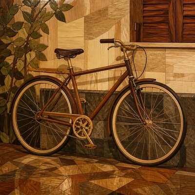 bicyle resting against a wall — Marquetry Art Style
