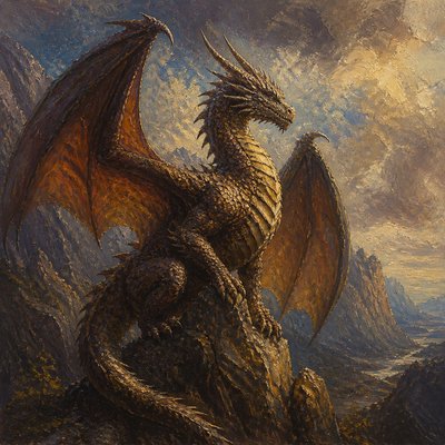 a majestic dragon perched on a rocky crag, wings half spread