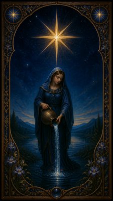 a robed figure pouring water beneath a large eight-pointed star in a night sky, symmetrical composition with an ornate decorative border, no text