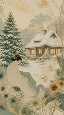 a snow-covered cottage with warm glowing windows beside a decorated pine tree, gentle snowfall, no text