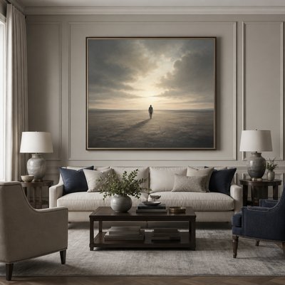 a solitary figure walking toward a glowing horizon across an empty plain, moody atmosphere, no text or lettering