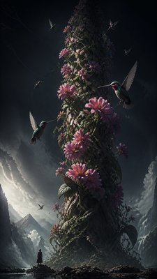 a climbing vine of flowers and hummingbirds on a dark background, tall wrapping composition, no text