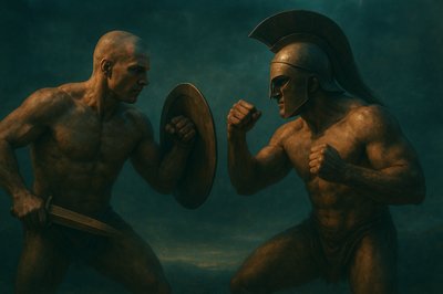 a painting of two men fighting with each other