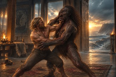 a painting of two men fighting in a room
