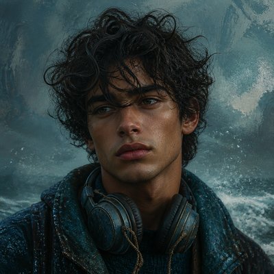 head-and-shoulders portrait of an original character: a young man with curly dark hair and headphones around his neck, plain backdrop, no text