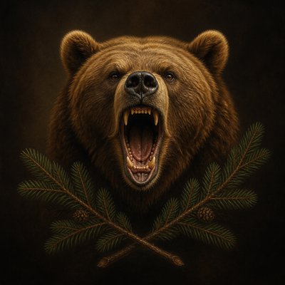 a roaring bear head above crossed pine branches, bold graphic composition on a plain background, no text