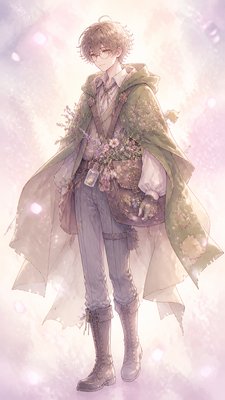 full-body original character: a wandering botanist with a satchel of plants, a patched green cloak, tall boots and round glasses, neutral background